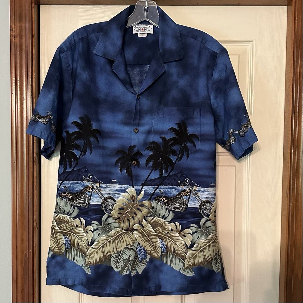 Pacific Legend Blue Chopper Motorcycle Hawaiian Aloha Shirt Med 100% Cotton